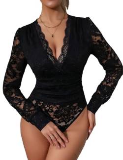 Everbellus Damen Sexy Deep v Neck Bodysuit Tops Langarm Spitze Top Elegant Ausgehen Outfits Schwarz Medium von Everbellus