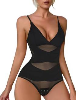 Evolyline Shapewear Damen Body Bauchweg Stark Formend Body Shaper Damen Sexy Bodysuit Masche V-Ausschnitt Shaping Bodys für Damen mit Verstellbarer Schultergurt von Evolyline