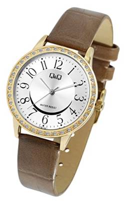 Excellanc Design Q&Q Damen Armband Uhr Silber Braun Gold Analog Kunst Leder Strass Crystals Quarz 3ATM Frauen 9Q04B004PY von Excellanc