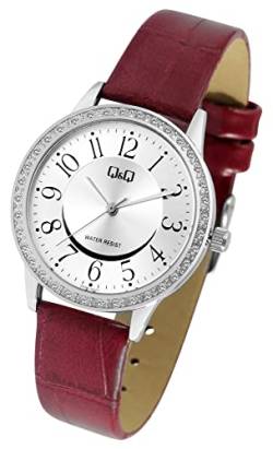Excellanc Design Q&Q Damen Armband Uhr Silber Dunkel Rot Analog Kunst Leder Strass Crystals Quarz 3ATM Frauen 9Q04B002PY von Excellanc