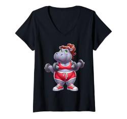 Damen Hippo Gewichtheber-Trainer Gym Fitness Workout Training T-Shirt mit V-Ausschnitt von Exercise with Hippo