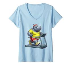 Damen Nilpferd auf dem Laufband Gym Fitness Workout Training Sport T-Shirt mit V-Ausschnitt von Exercise with Hippo