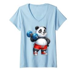 Damen Panda Gewichtheber-Trainer Gym Fitness Workout Training T-Shirt mit V-Ausschnitt von Exercise with Panda