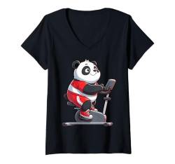 Damen Panda auf Heimtrainer Gym Fitness Workout Training Sport T-Shirt mit V-Ausschnitt von Exercise with Panda