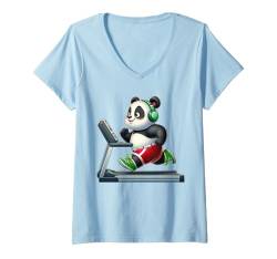 Damen Panda auf Laufband Gym Fitness Workout Training Sport T-Shirt mit V-Ausschnitt von Exercise with Panda