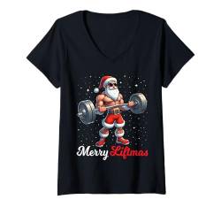 Damen Merry Liftmas Weihnachtsmann Gewichtheben Gym Fitness Weihnachten Schnee T-Shirt mit V-Ausschnitt von Exercise with Santa