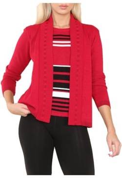 FAIRY TRENDZ Damen Strickpullover Twinset, gestreift, lange Ärmel, vorne offen, 2-in-1-Set, rot, 42-44 von FAIRY TRENDZ