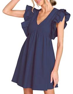 FANCYINN Damen Sommer Midikleid mit tiefem V-Ausschnitt und gerafften Ärmeln lässig plissiert Swing A-Linie Tunika-Kleider Marineblau L von FANCYINN