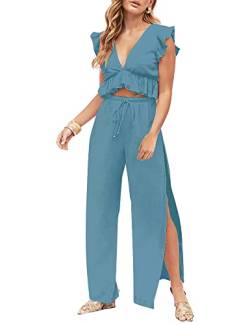 FANCYINN Jumpsuit Damen Zweiteiler 2 Teiler Crop Top Sexy V-Ausschnitt Hose mit Seitenschlitz Kordelzug Sommer Strand Urlaub Lässig Outfits Pfauenblau XS von FANCYINN