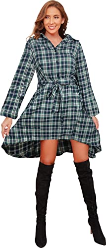 FANCYINN Kariertes Kleid mit Langen Ärmeln für Damen Kariertes Karokleid Kariertes Tartan-Hemdkleid Grün & Blau S von FANCYINN