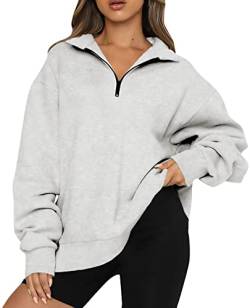 FANGJIN Damen 1/4 Zip Pollover Sweatshirt für Frauen Einfarbig Damen-Sweatshirt mit halbem Plüsch Casual Pullover Einfach Pullover Grau Tops M von FANGJIN