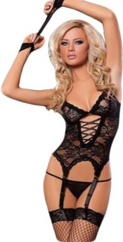 FANSEELM Damen Sexy Strumpfhalter Spitze Dessous Einteilig Tiefer V-Ausschnitt Damen Fitted Dessous Sexy Dessous Erotische Nachtwäsche Dessous mit Handschellen Strumpfhosen von FANSEELM