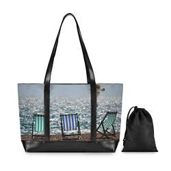 FANTAZIO Beach Deckchairs Sea Mew Laptop-Tragetasche für 15,6 Zoll Laptop, Damen, leichte Canvas-Tragetasche, Schultertasche von FANTAZIO