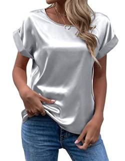 FAWHEWX Seidenhemd Damen Kurzarm Rundhals Satin Hemd Lose Tunika Tops Sommer Frauen Elegant Rundhals Kurzarm Satin Seidenhemd T-Shirt Oberteil(Grau/M) von FAWHEWX