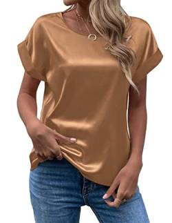 FAWHEWX Seidenhemd Damen Kurzarm Rundhals Satin Hemd Lose Tunika Tops Sommer Frauen Elegant Rundhals Kurzarm Satin Seidenhemd T-Shirt Oberteil(Khaki/L) von FAWHEWX