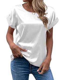 FAWHEWX Seidenhemd Damen Kurzarm Rundhals Satin Hemd Lose Tunika Tops Sommer Frauen Elegant Rundhals Kurzarm Satin Seidenhemd T-Shirt Oberteil(Weiß/S) von FAWHEWX