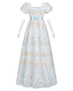 FCCAM Blau Regency Kleider für Frauen 1800er Vintage Kleid Viktorianisches Ballkleid mit Handschuhen,XL von FCCAM