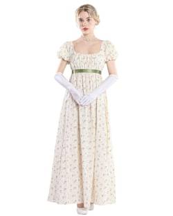 FCCAM Regency Kleider für Frauen Floral Regency Era Kleid Empire Taille Lange Tee Party Kleid mit Handschuhen, Beige, L von FCCAM