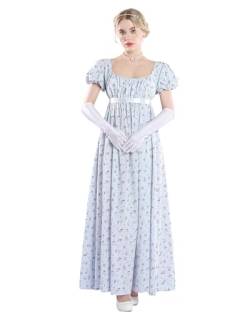 FCCAM Regency Kleider für Frauen Floral Regency Era Kleid Empire Taille Lange Tee Party Kleid mit Handschuhen, Blau, XXL von FCCAM