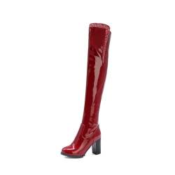 FEBSDHSMI Kniehohe für Damen, High Heels, Reißverschluss, dicke wasserdichte Plateau-Damenschuhe(Red,38 EU) von FEBSDHSMI