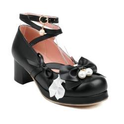 Kawaii-Schuhe für Damen, Pumps mit gekreuzten Riemchen, süße Mary-Jane-Schuhe mit Knöchelriemen, Hochzeitsschuhe, Spitze(Black,34 EU) von FEBSDHSMI