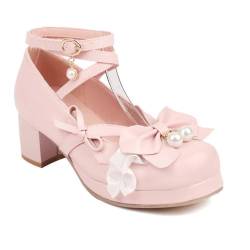 Kawaii-Schuhe für Damen, Pumps mit gekreuzten Riemchen, süße Mary-Jane-Schuhe mit Knöchelriemen, Hochzeitsschuhe, Spitze(Pink,38 EU) von FEBSDHSMI