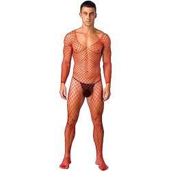 FEESHOW Herren Bodystocking Sexy Ouvert Transparent Netz Overall Ganzkörperanzug Netzstrumpfhose Erotische Unterwäsche Rot Einheitsgröße von FEESHOW