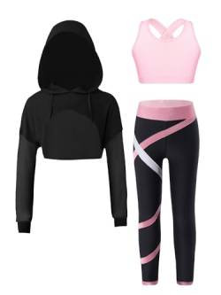 FEESHOW Kinder Trainingsanzug Mädchen Sport BH Und Leggings Set Mit Hoodie Kinder Workout Sport Outfit Jazz Dance Tanzkleidung Hip Hop Kleidung Rosa_A 146-152 von FEESHOW