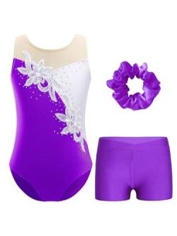 FEESHOW Kinder Turnanzug Mädchen Mit Kurzer Hose Ärmellose Glitzer Pailletten Strass Turntrikot Gymnastik Body Shorts Haargummi Set Violett 134-140 von FEESHOW