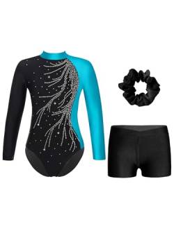 FEESHOW Mädchen Kinder Turnanzug Mit Hose Langarm Turntrikot Gymnastik Body Gymnastik Shorts Und Haargummi Ballett Tanzoutfit Türkis&Schwarz 158-164 von FEESHOW