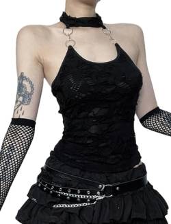 Dark Punk Crop Top mit Ketten Neckholder Punk Solid Backless Sleeveless Gothic Hole Tops Camis Shirt S von FEOYA