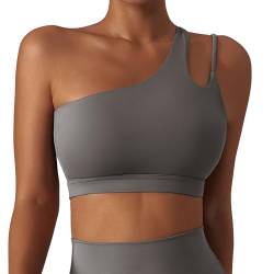 FEOYA Asymmetrischer Sport BH Damen Ärmellos Yoga BH mit Einer Schulter Gepolstert Push Up Bra One Shoulder Fitness Gym Bra Grau M von FEOYA