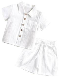 FEOYA Baby Jungen Sommer 2-Teiler Set Kleinkind Shirt Shorts Babykleidung Zweiteiliges Set Baumwolle Leinen Neugeborene Set Kinder Outfit Casual Anzug Weiß 120 von FEOYA