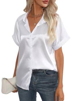 FEOYA Damen Kurzarm Bluse Satin Seide Shirt Sommer V-Ausschnitt Lässig Hemd Elegant Business Basic Tunika Größe S-Weiß von FEOYA