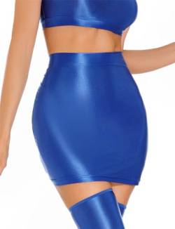 FEOYA Damen Minirock Hohe Taille Frauen Sexy Glänzende Seide Röcke Strumpfrock Rutschig Hochelastische Oberschenkel Lederrock Nylon Rock Blau XL von FEOYA