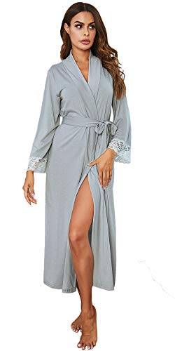 FEOYA Damen Morgenmantel Kimono mit Gürtel Modal Lange Robe Nachthemd Nachtwäsche Mit Blumenspitze Bademäntel Grau-M von FEOYA