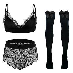 FEOYA Herren Sissy Dessous Männer Unterwäsche Set Sexy BH Slips Und Strümpfe Set Durchsichtige Dessous Anzug Spitze Rüschen Kostüm 3-teilige Männer Sissy Crossdresser Unterwäsche Dessous Schwarz 3XL von FEOYA