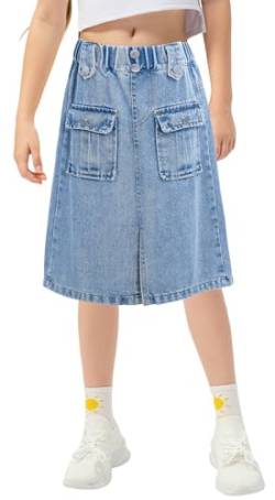 FEOYA Kinder Mädchen Jeansrock Midi Rock Schlitz Denimrock Elastisch Sommerrock Halbrock mit Fronttaschen Lässig Mädchenrock Vintage Skort Baggy Freizeitrock Wickelrock Midirock 130 von FEOYA