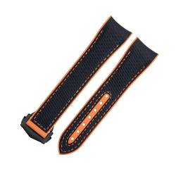 FFHDJL Für Omega-Armband für 43,5 mm Zifferblatt, Seamaster 600, Armband mit Faltschließe, 21 mm weiches FKM-Fluorubber-Nylon-Textur-Vollgummi-Uhrenarmband(Black Orange 7,21mm) von FFHDJL