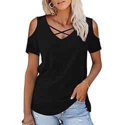 Damen T-Shirt Kurzarm Tshirt Criss Cross V-Ausschnitte Sommer Tee Shirts Oberteile Einfarbige Einfaches Tunika Tops Casual Beiläufig Bluse Lose Basic Tops von FFWTPY