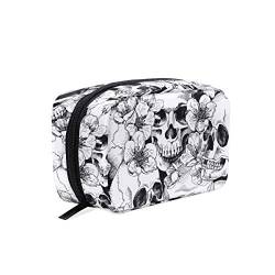 Make-up-Tasche Sugar Skull Rose Pfingstrose Flower Print Kosmetiktasche Aufbewahrung Großer Reisegriff Personalisiert mit Fächern für Teenager-Mädchen Frauen Dame Weiß Schwarz, A001, S von EMMEXX