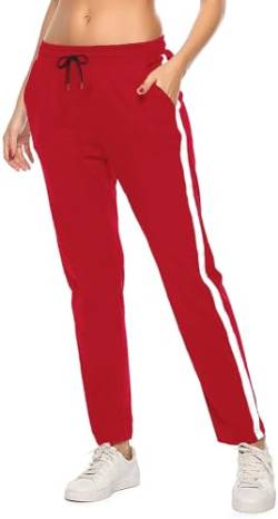 FGFD&OU Jogginghose Damen Sporthose Baumwolle für Frauen Sweathose Laufhosen Trainingshosen Jogger Sweatpants Lang Mädchen Freizeithose mit Streifen Für Sport Yoga Fitness (Rot, M) von FGFD&OU