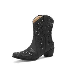 FGRID Cowgirl-Stiefeletten für Damen mittlerer Wade, modische Western-Stiefeletten quadratischer Zehenpartie und Stickerei, Winterstiefel klobigem Absatz und Snip-Toe-Zehenpartie,Schwarz,37 von FGRID