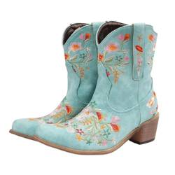 FGRID Damen-Cowboy-Kurzstiefel mit Blumenmuster, Vintage-Stiefeletten mit quadratischer Zehenpartie, Snip-Toe-Stickerei, Winter-Western-Chelsea-Stiefel mit klobigem Blockabsatz,Blau,38 von FGRID