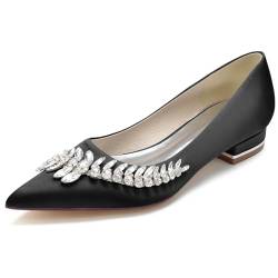 FGRID Damen-Hochzeitsschuhe aus Satin mit Strasssteinen, modische Pumps mit geschlossener Zehenpartie und klobigem, niedrigem Absatz, sexy Ballerina-Schlupfschuhe,Schwarz,38 von FGRID