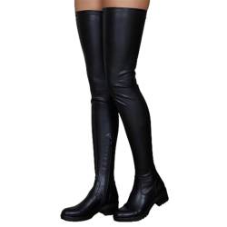 FGRID Damen-Oberschenkelhohe Overknee-Stiefel, modische Kunstleder-Stiefel mit niedrigem Absatz und seitlichem Reißverschluss, große Winter-warme Leder-Ritterstiefel,Black single,45 von FGRID