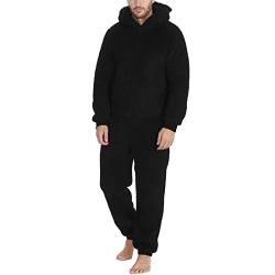 Esel Jumpsuit Herren Männer Kunstwolle Langarm Pyjama Lässig Einfarbig Reißverschluss Lose Mit Kapuze Overall Pyjama Lässig Winter Warm Rompe 1 Stück Anzug Fleece Auf Nachtwäsche (Black, XXXXXL) von FGUUTYM