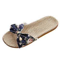 FGUUTYM Boheme Schuhe weibliche Sandalen Flachs Frauen Flops Boomknot-Los-Pantoffel für Frauen Leinen Strand Bunte Damenschuhe (Z-A-Navy, 35-36) von FGUUTYM