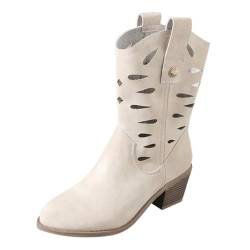 FGUUTYM Damen Frühling und Winter Hohle Western Cowboystiefel mit dickem Absatz zulaufender Zehenbereich Retro V-Ausschnitt Stiefel mit mittlerer Wade Herren Schuhe (White, 35) von FGUUTYM