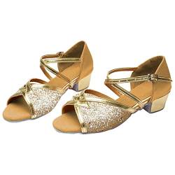 FGUUTYM Kinder-Latein-Tanzschuhe für den Innenbereich, weiche Sohle, Flacher Absatz, Pailletten-Tanzschuhe, Satin-Tanzschuhe für den Innenbereich Kinder 25 (Gold, 30.5 Little Child) von FGUUTYM